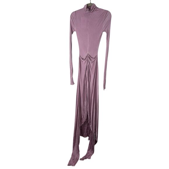 Helsa Slinky Jersey Ruched Sarong Maxi Dress Turtleneck Long Sleeve Purple Sz M - Picture 10 of 13